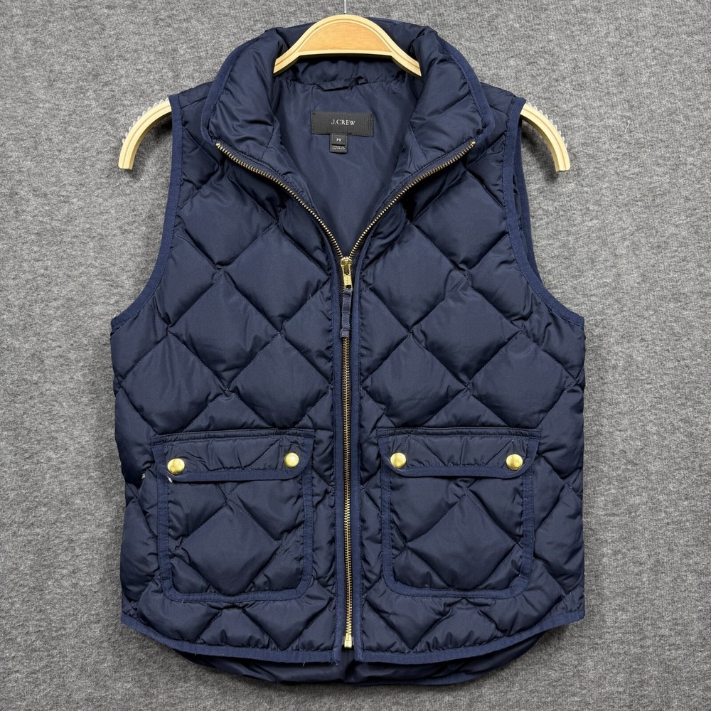 J Crew Vest Womens Petite Small PS Blue Down‎ Waterfowl Puffer Quilted Full Zip